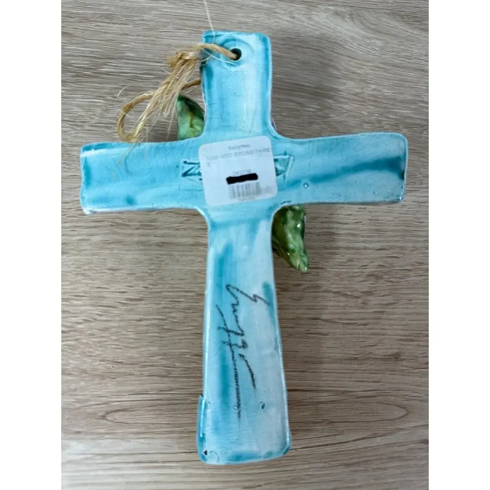 Ceramic Wall Cross, White Flower & Green Leaf, Ballyhoo Hanging Wall Art